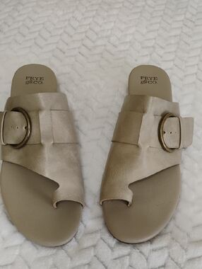 FRYE AND CO. Metallic Taupe Slide Sandals with Buckle Detail